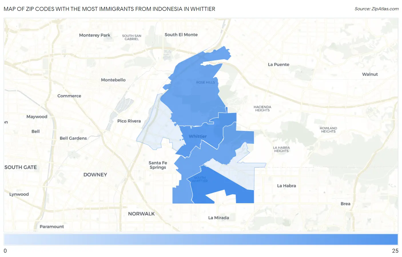 Zip Codes with the Most Immigrants from Indonesia in Whittier Map