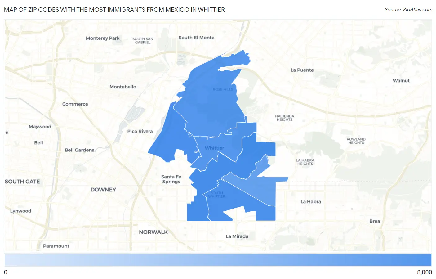 Zip Codes with the Most Immigrants from Mexico in Whittier Map