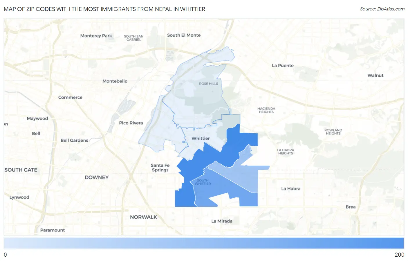 Zip Codes with the Most Immigrants from Nepal in Whittier Map