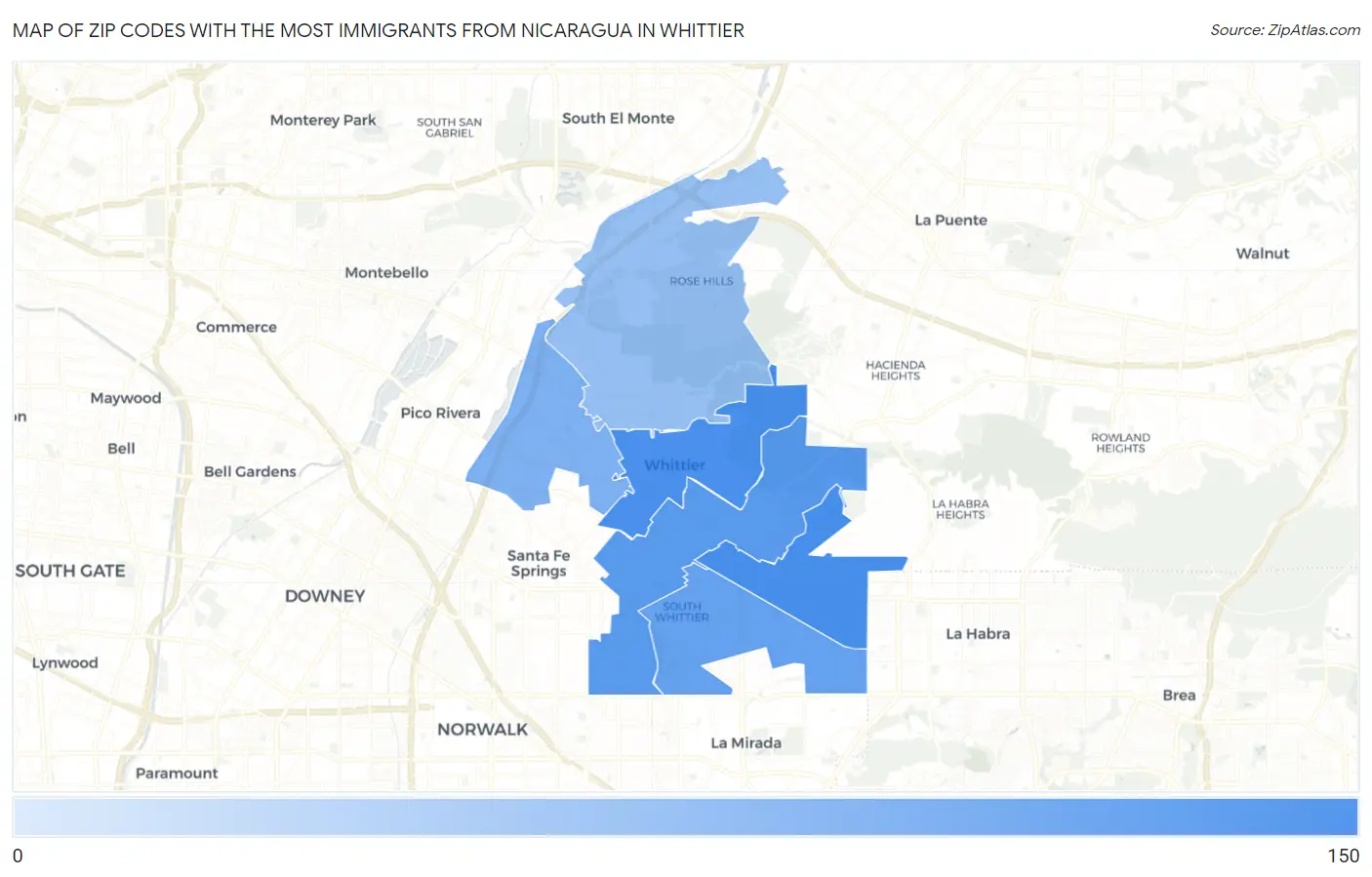 Zip Codes with the Most Immigrants from Nicaragua in Whittier Map