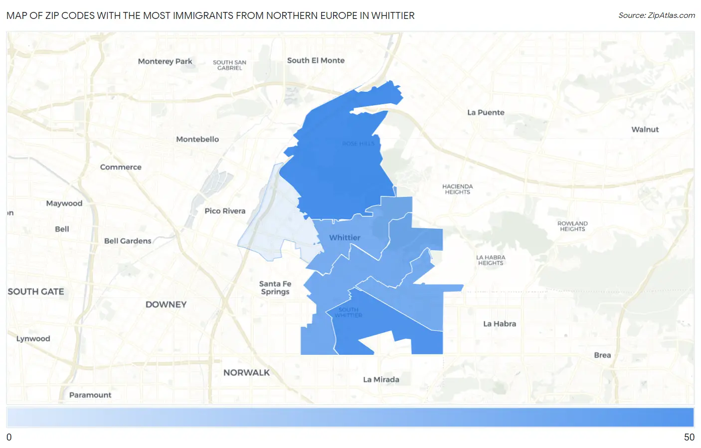 Zip Codes with the Most Immigrants from Northern Europe in Whittier Map