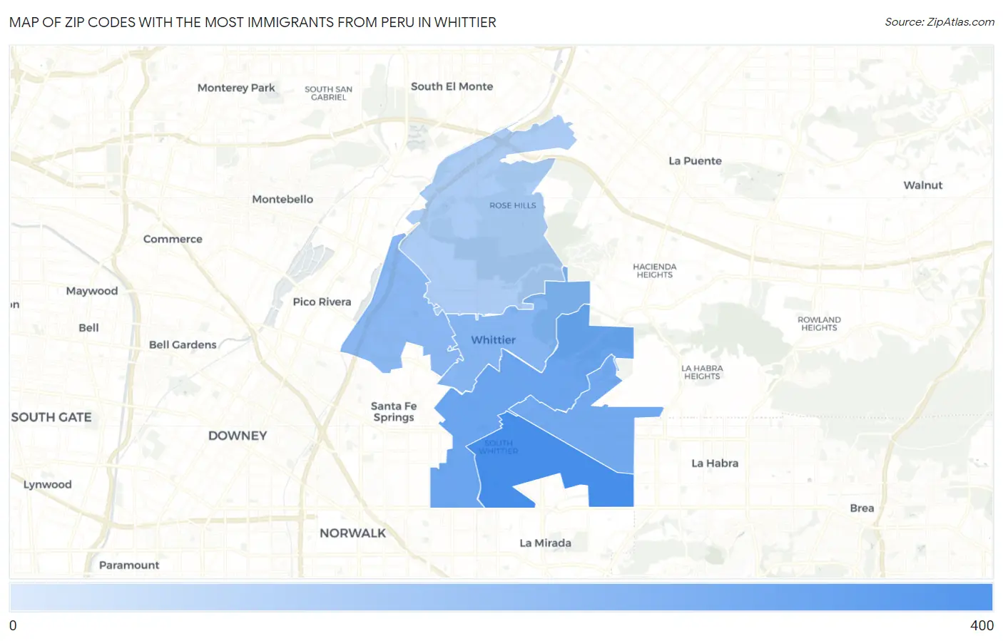 Zip Codes with the Most Immigrants from Peru in Whittier Map