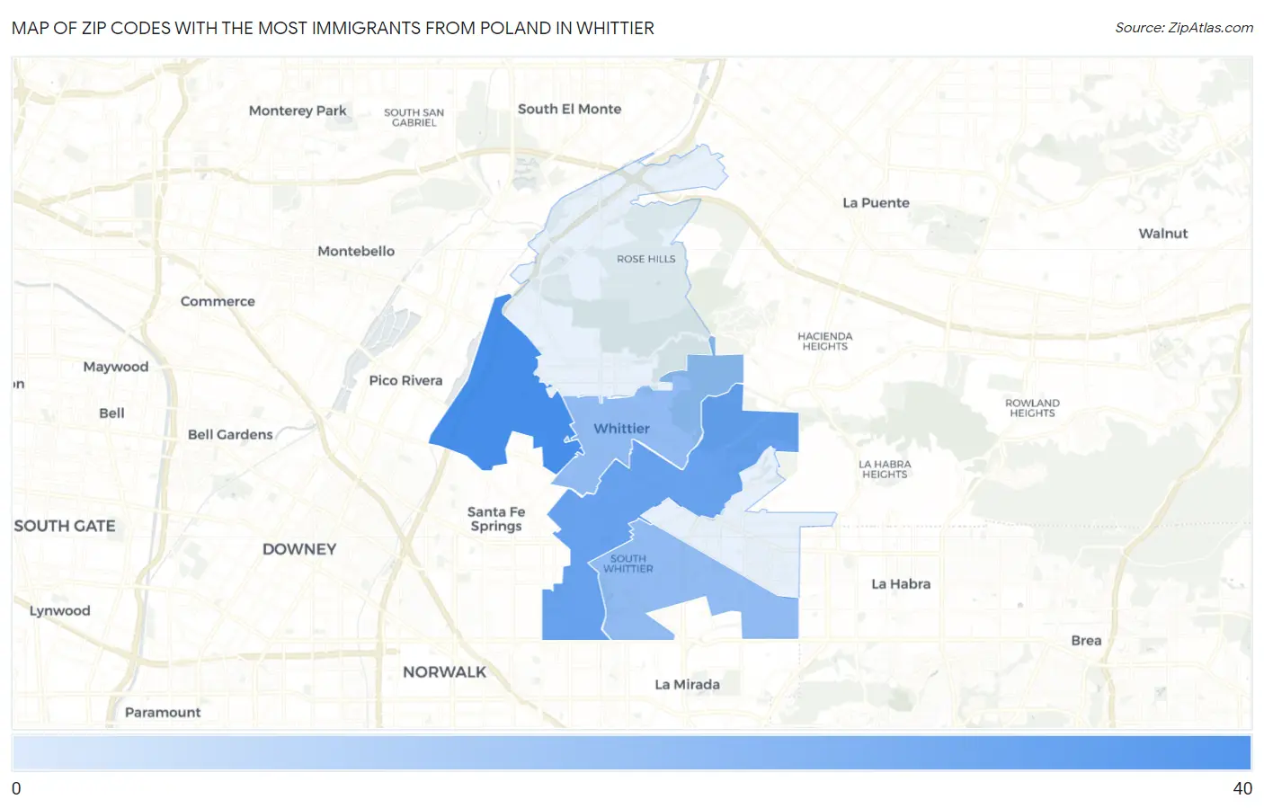Zip Codes with the Most Immigrants from Poland in Whittier Map