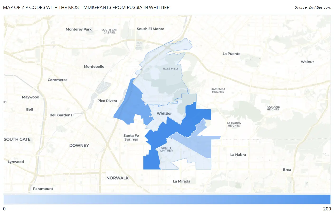 Zip Codes with the Most Immigrants from Russia in Whittier Map
