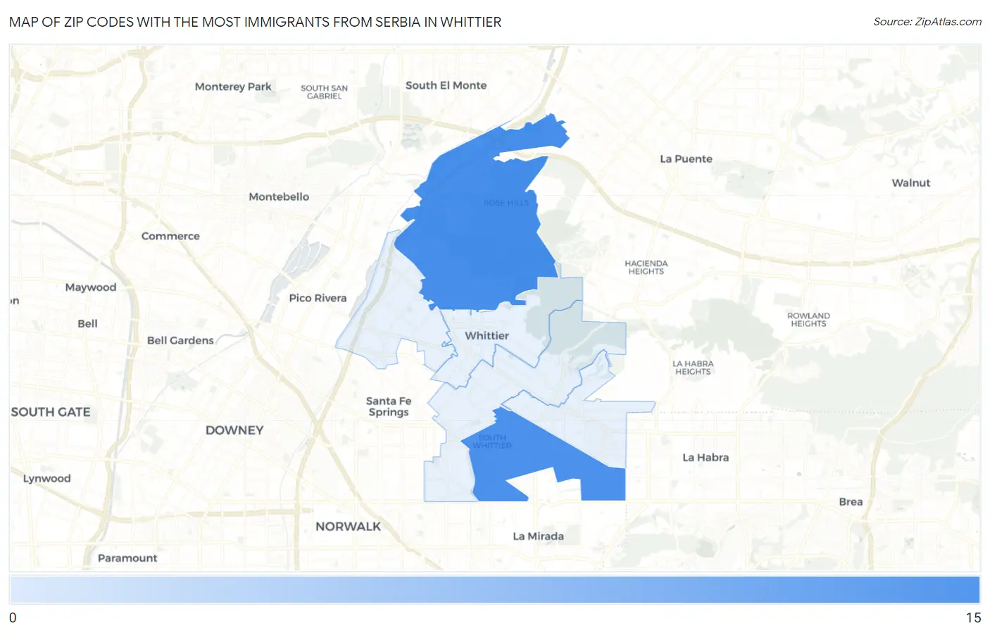 Zip Codes with the Most Immigrants from Serbia in Whittier Map