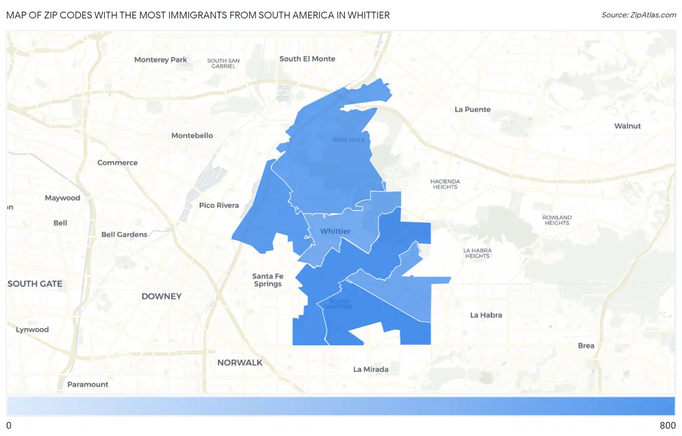 Zip Codes with the Most Immigrants from South America in Whittier Map