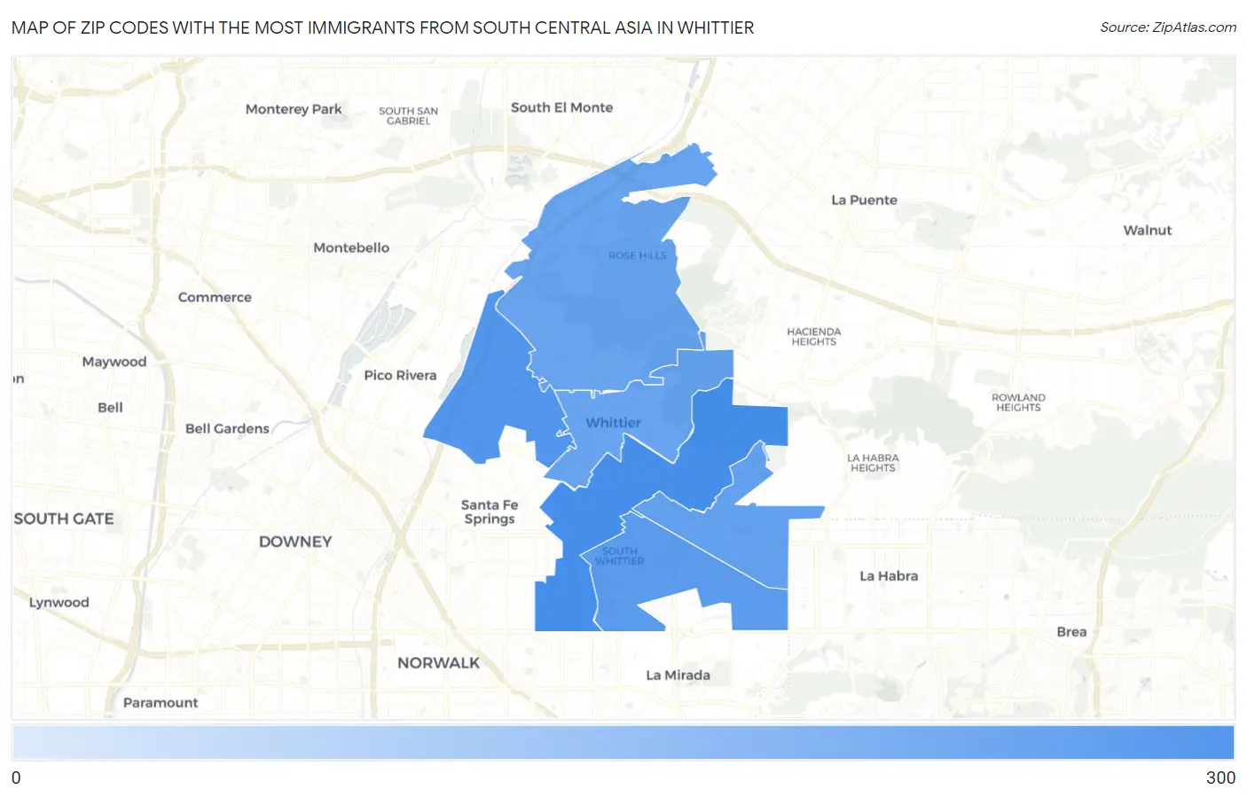 Zip Codes with the Most Immigrants from South Central Asia in Whittier Map