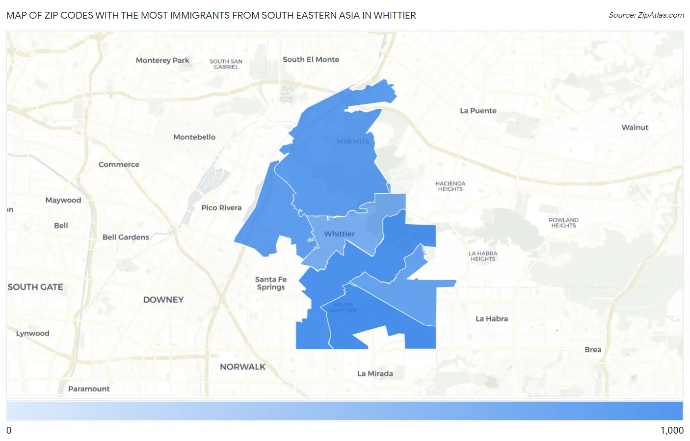 Zip Codes with the Most Immigrants from South Eastern Asia in Whittier Map