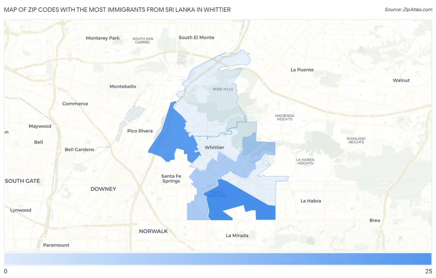 Zip Codes with the Most Immigrants from Sri Lanka in Whittier Map
