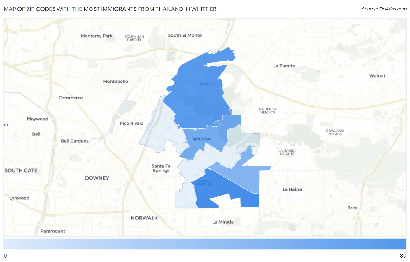 Zip Codes with the Most Immigrants from Thailand in Whittier Map
