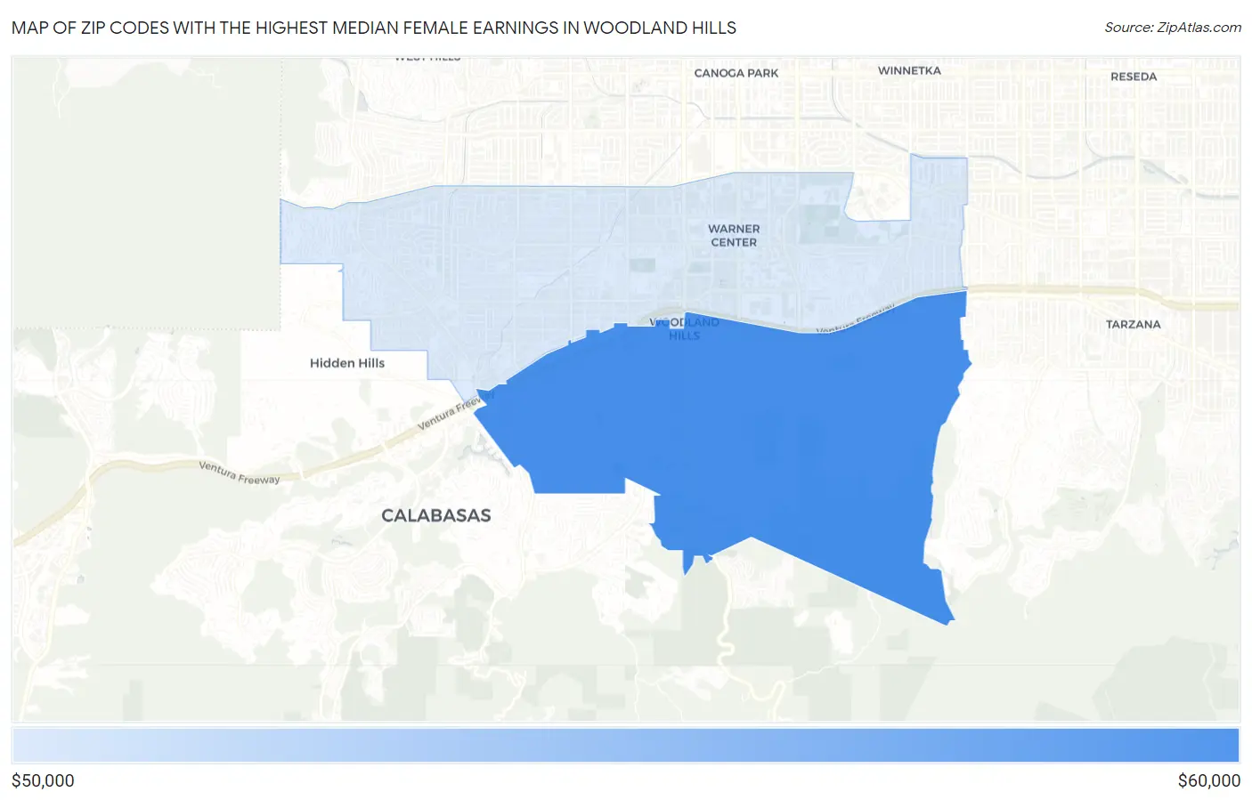 Zip Codes with the Highest Median Female Earnings in Woodland Hills Map