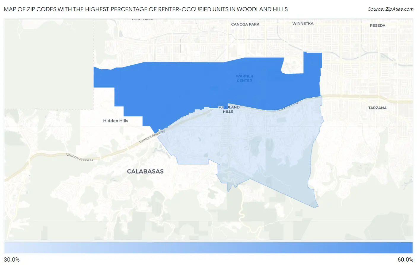 Zip Codes with the Highest Percentage of Renter-Occupied Units in Woodland Hills Map