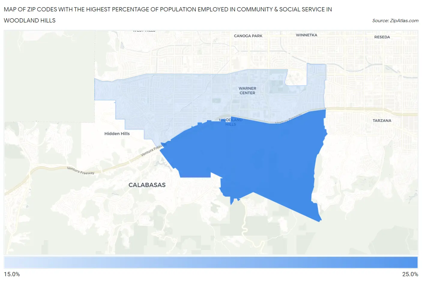 Zip Codes with the Highest Percentage of Population Employed in Community & Social Service  in Woodland Hills Map