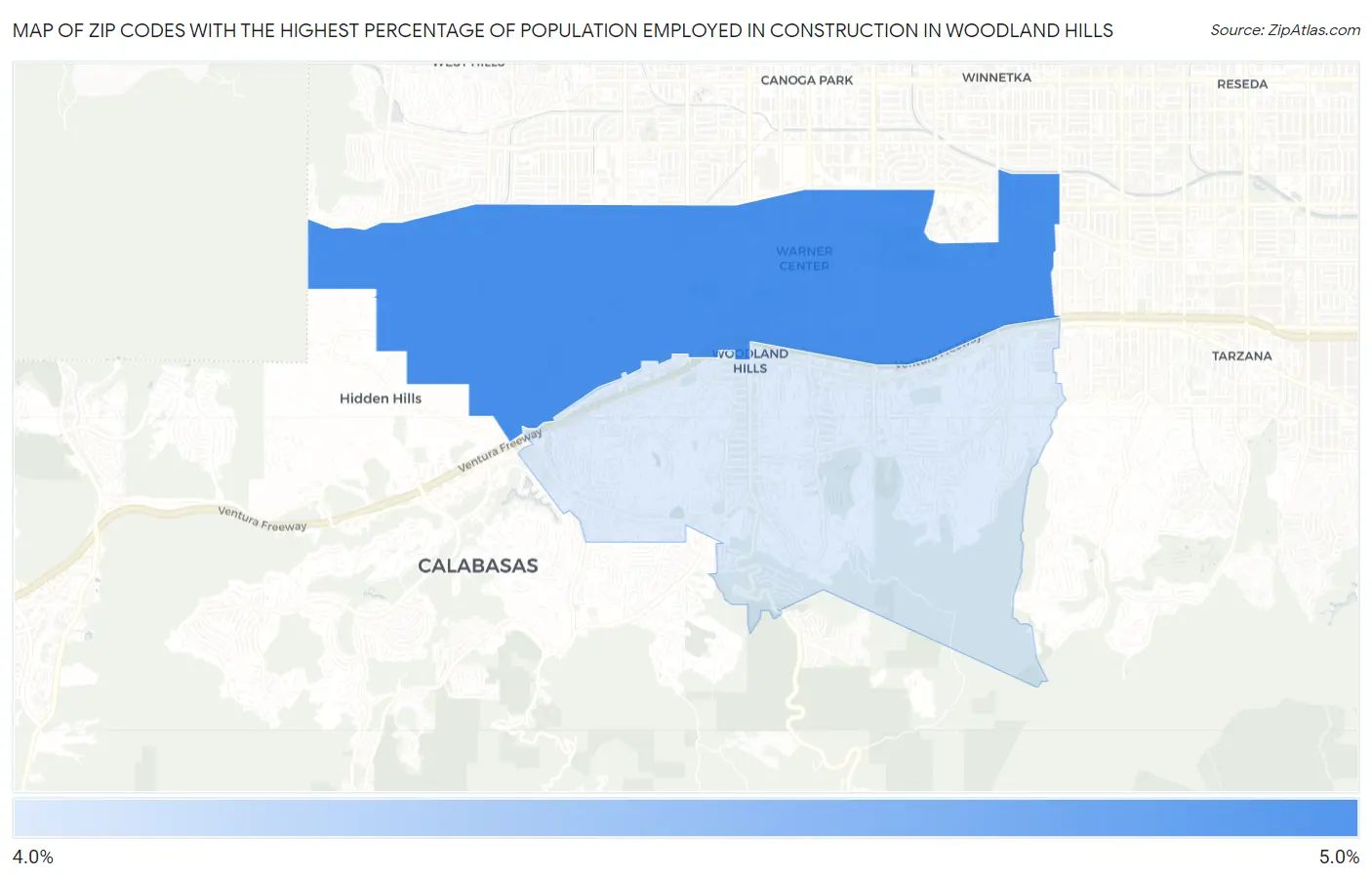 Zip Codes with the Highest Percentage of Population Employed in Construction in Woodland Hills Map