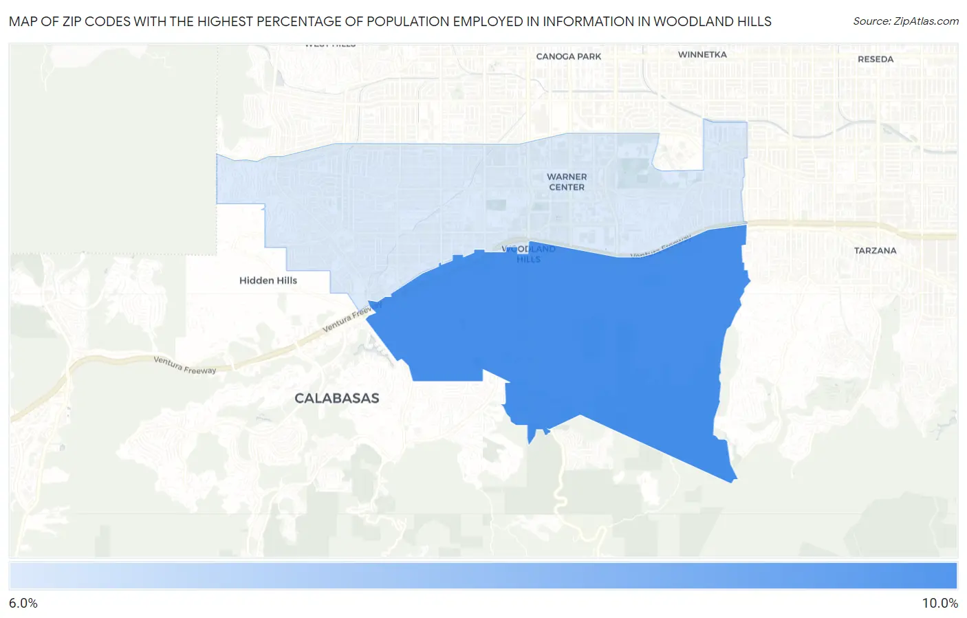 Zip Codes with the Highest Percentage of Population Employed in Information in Woodland Hills Map