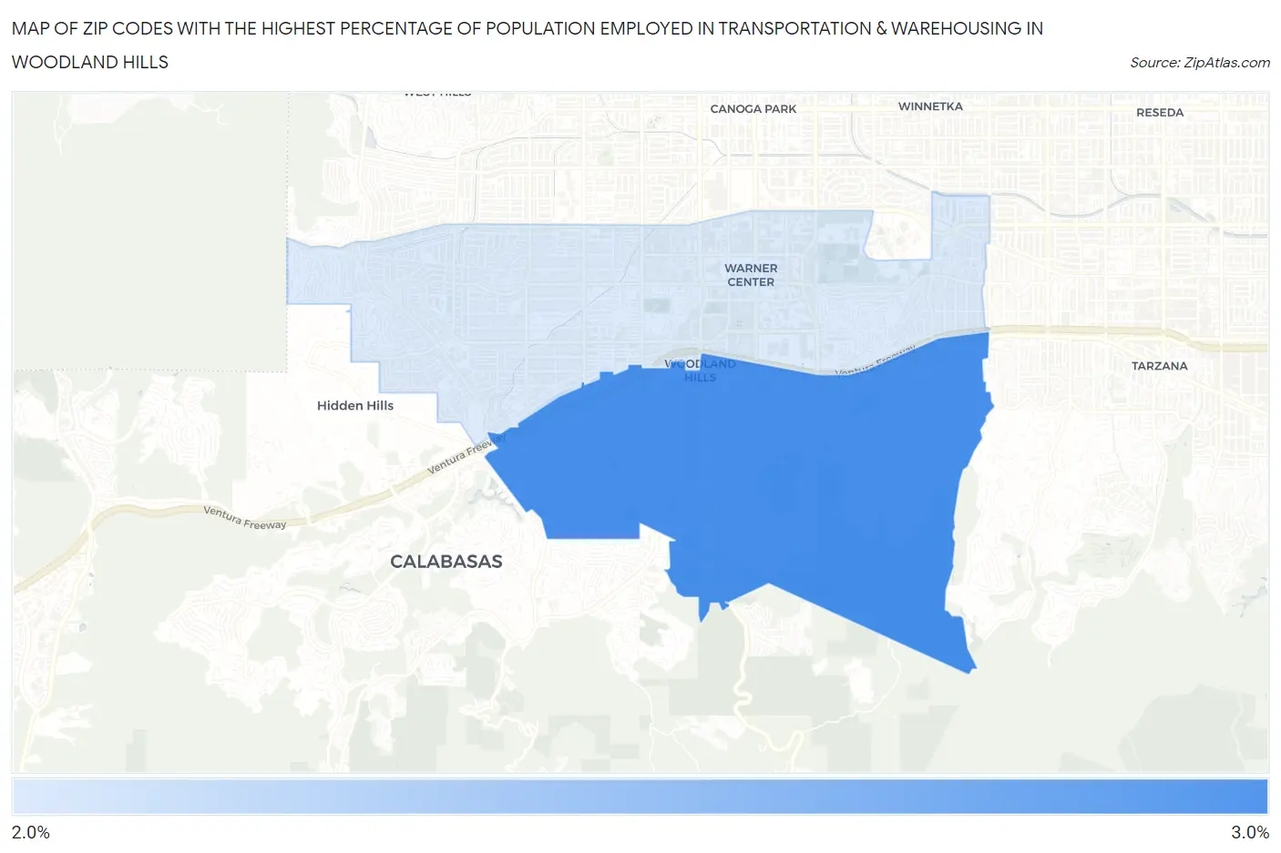 Zip Codes with the Highest Percentage of Population Employed in Transportation & Warehousing in Woodland Hills Map