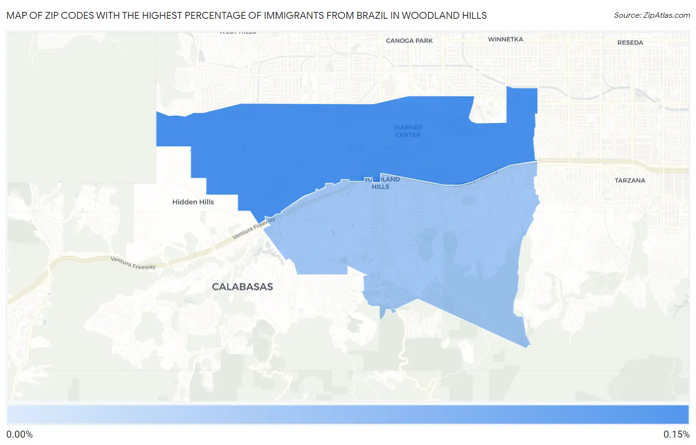Zip Codes with the Highest Percentage of Immigrants from Brazil in Woodland Hills Map