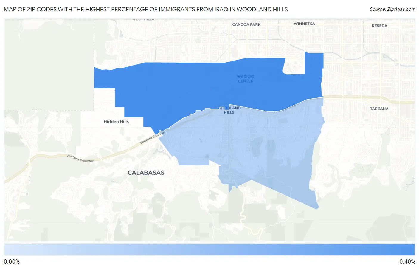 Zip Codes with the Highest Percentage of Immigrants from Iraq in Woodland Hills Map