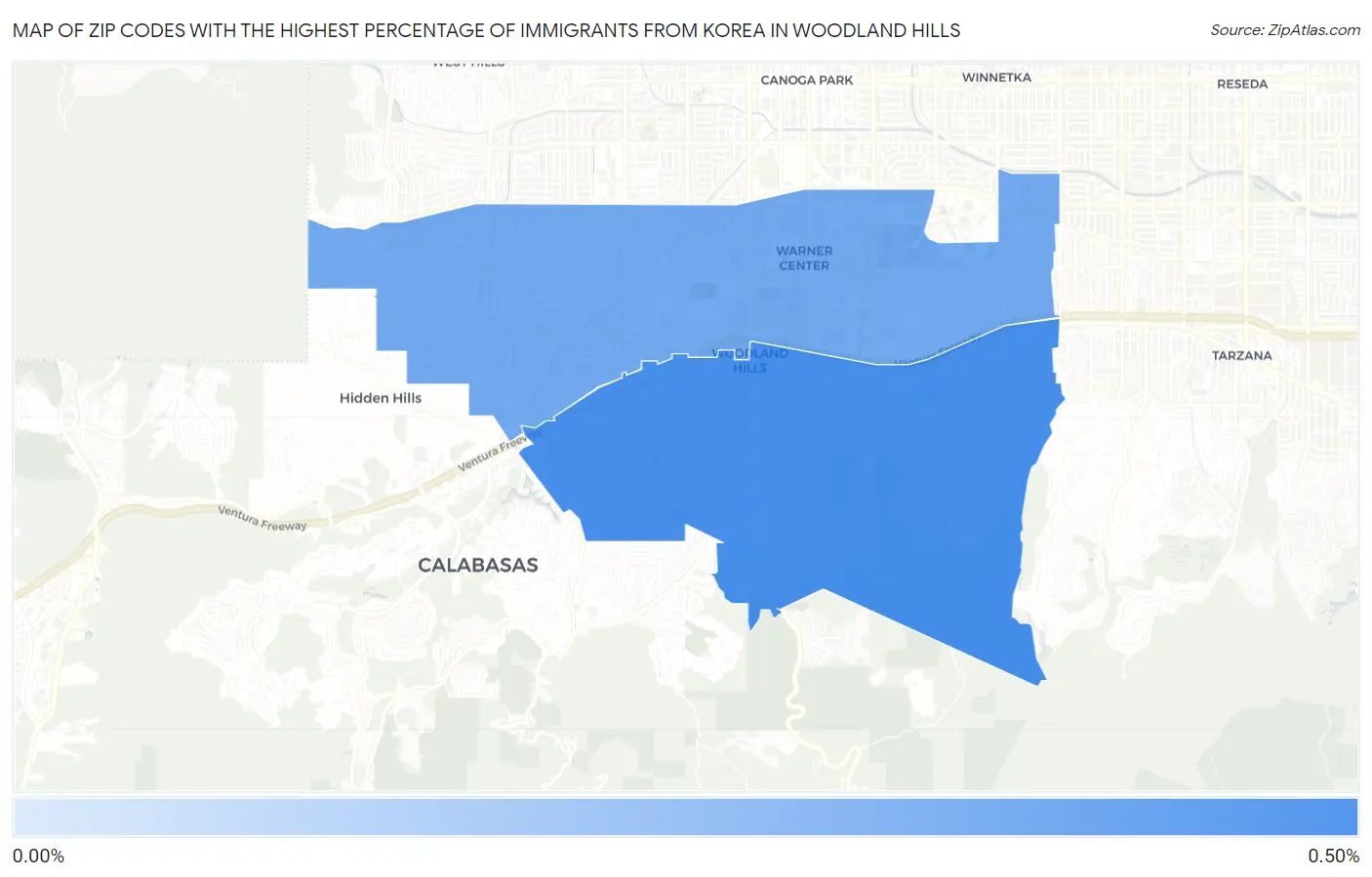 Zip Codes with the Highest Percentage of Immigrants from Korea in Woodland Hills Map