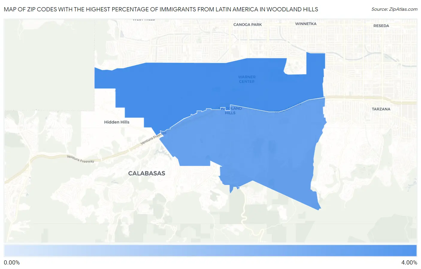 Zip Codes with the Highest Percentage of Immigrants from Latin America in Woodland Hills Map