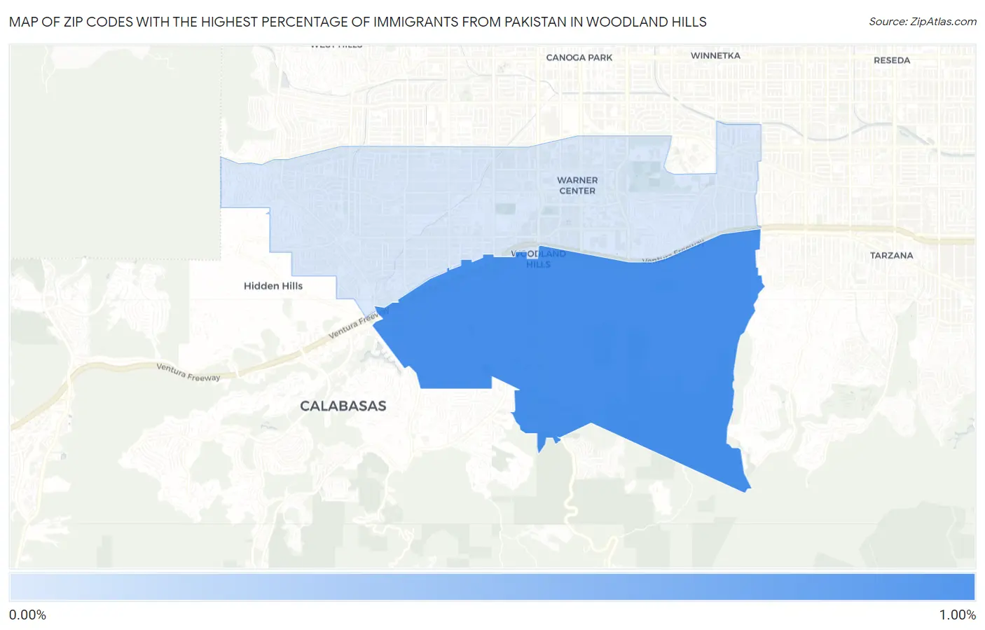 Zip Codes with the Highest Percentage of Immigrants from Pakistan in Woodland Hills Map