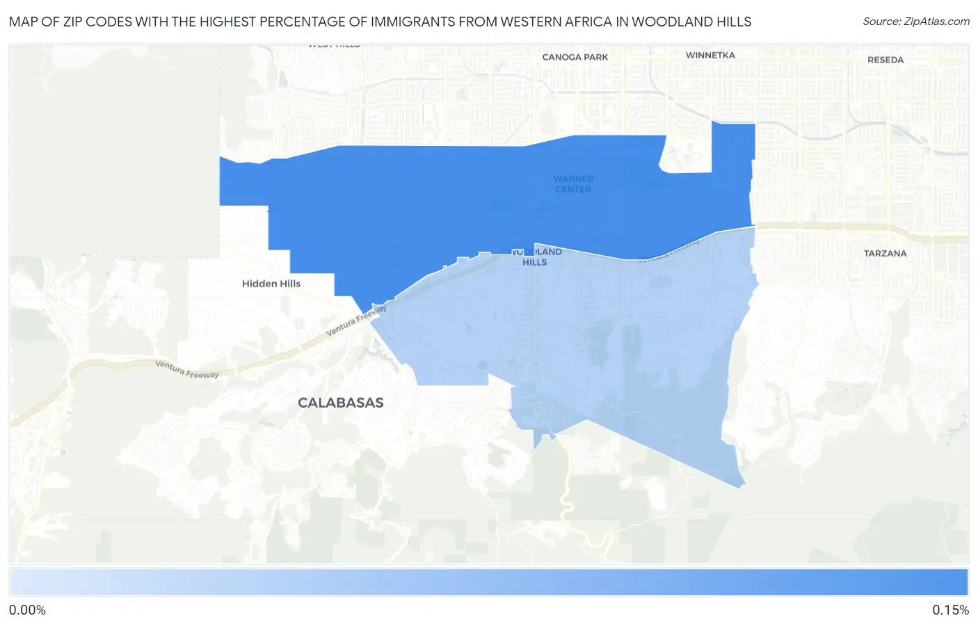 Zip Codes with the Highest Percentage of Immigrants from Western Africa in Woodland Hills Map