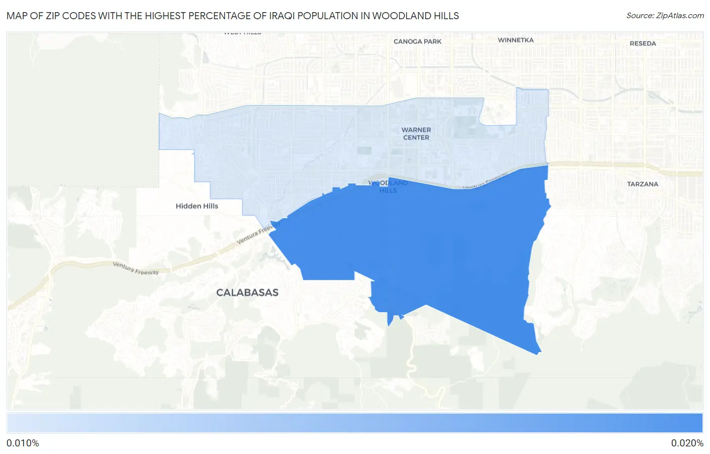 Zip Codes with the Highest Percentage of Iraqi Population in Woodland Hills Map