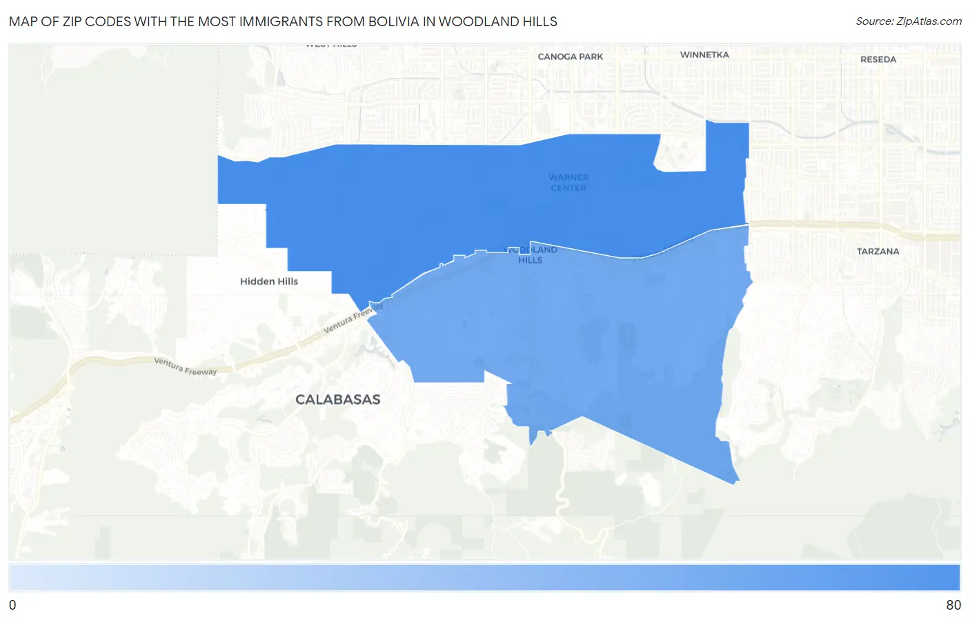 Zip Codes with the Most Immigrants from Bolivia in Woodland Hills Map