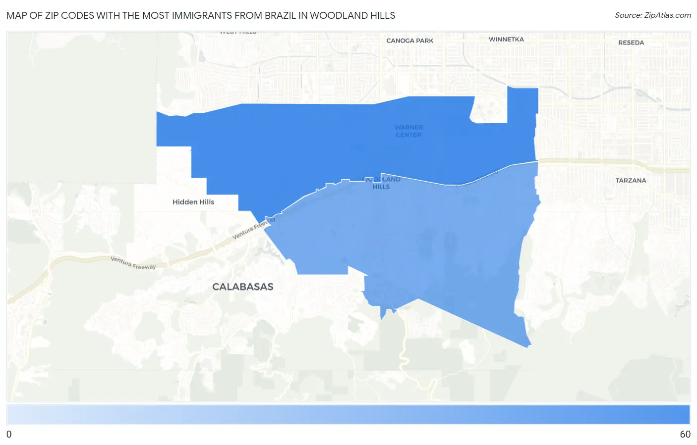 Zip Codes with the Most Immigrants from Brazil in Woodland Hills Map