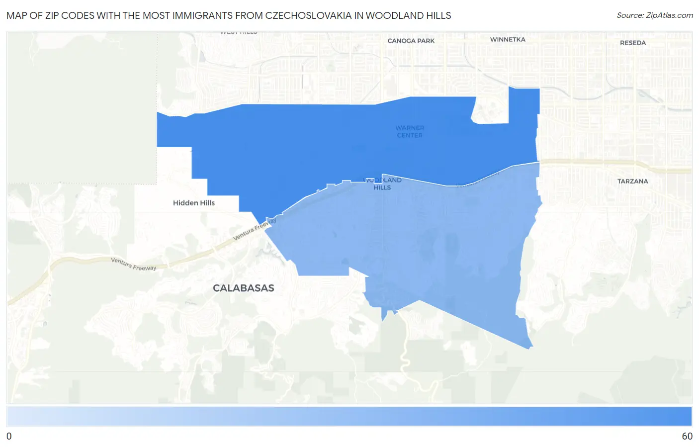 Zip Codes with the Most Immigrants from Czechoslovakia in Woodland Hills Map