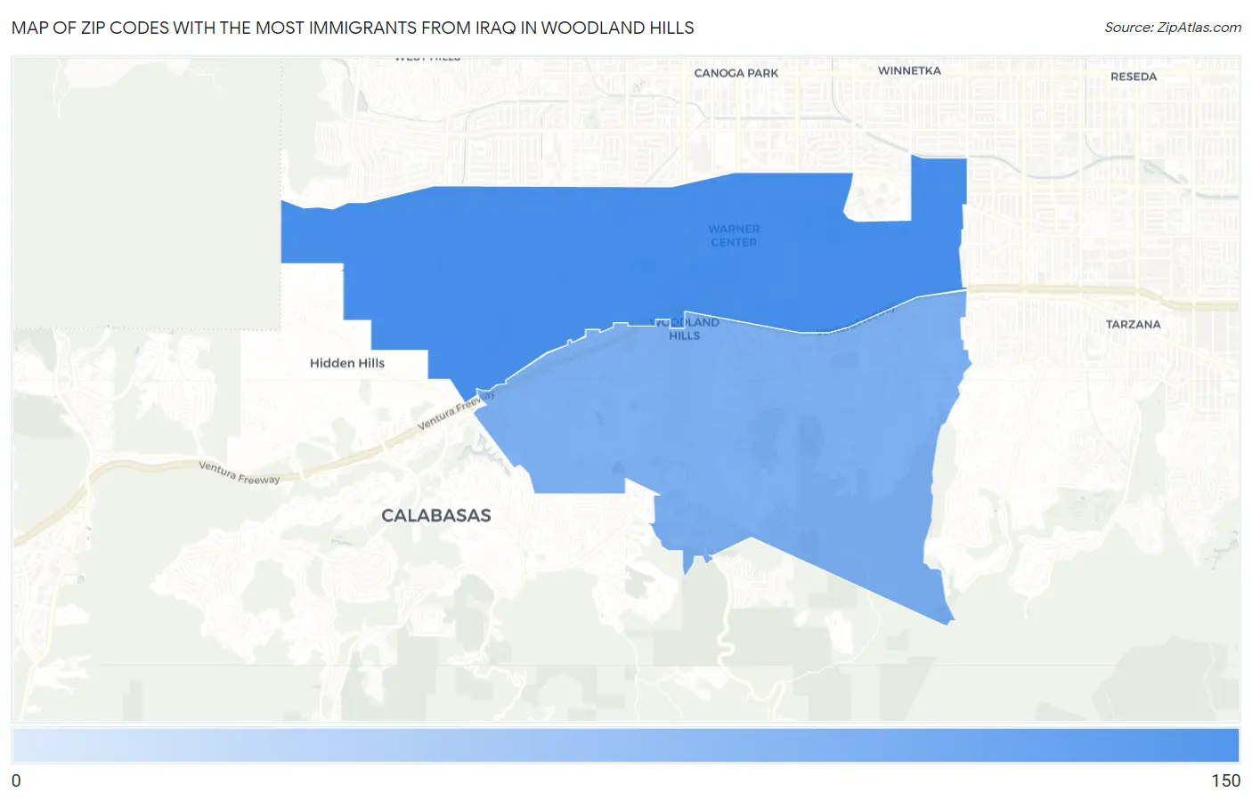 Zip Codes with the Most Immigrants from Iraq in Woodland Hills Map