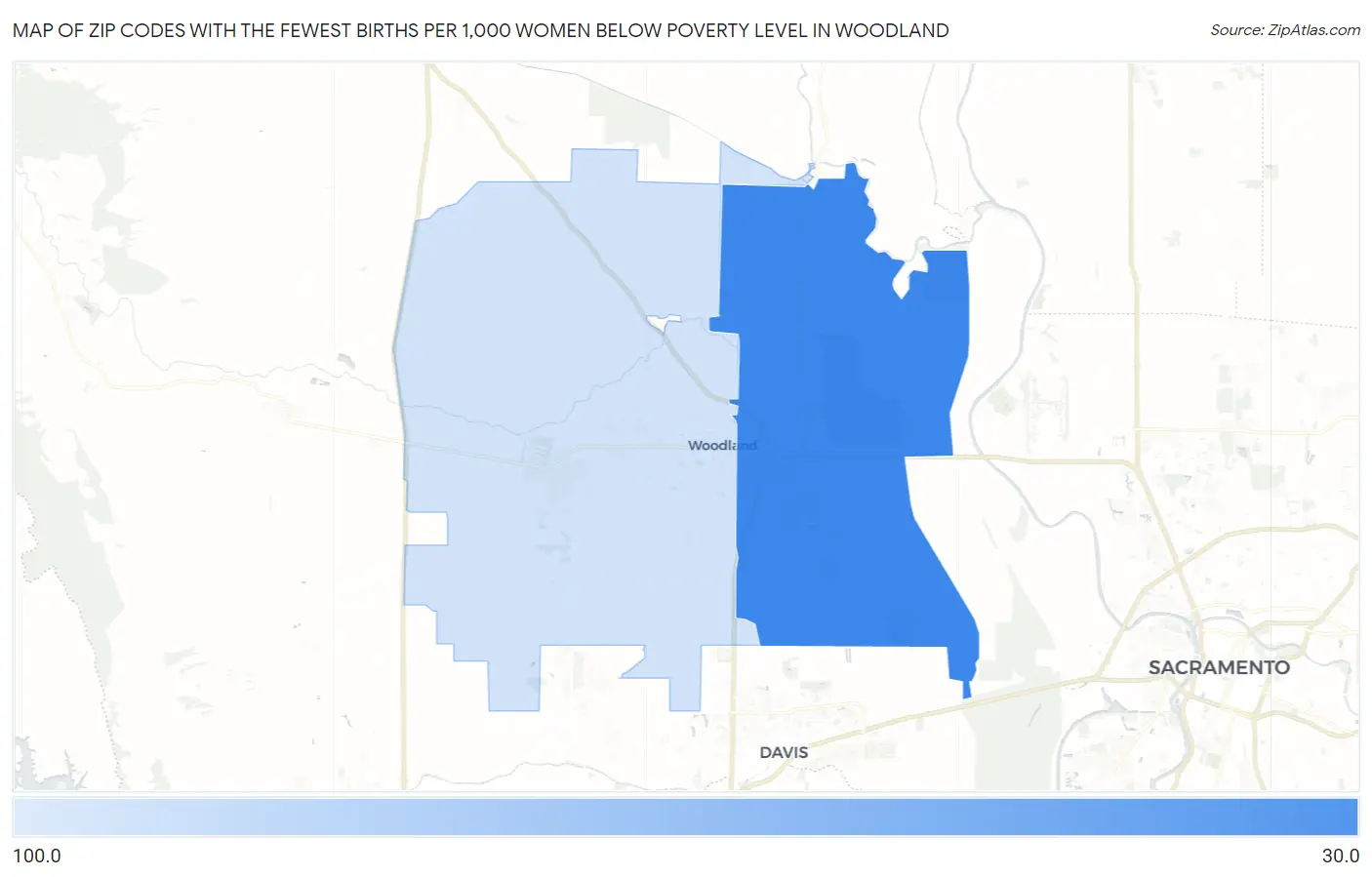 Zip Codes with the Fewest Births per 1,000 Women Below Poverty Level in Woodland Map