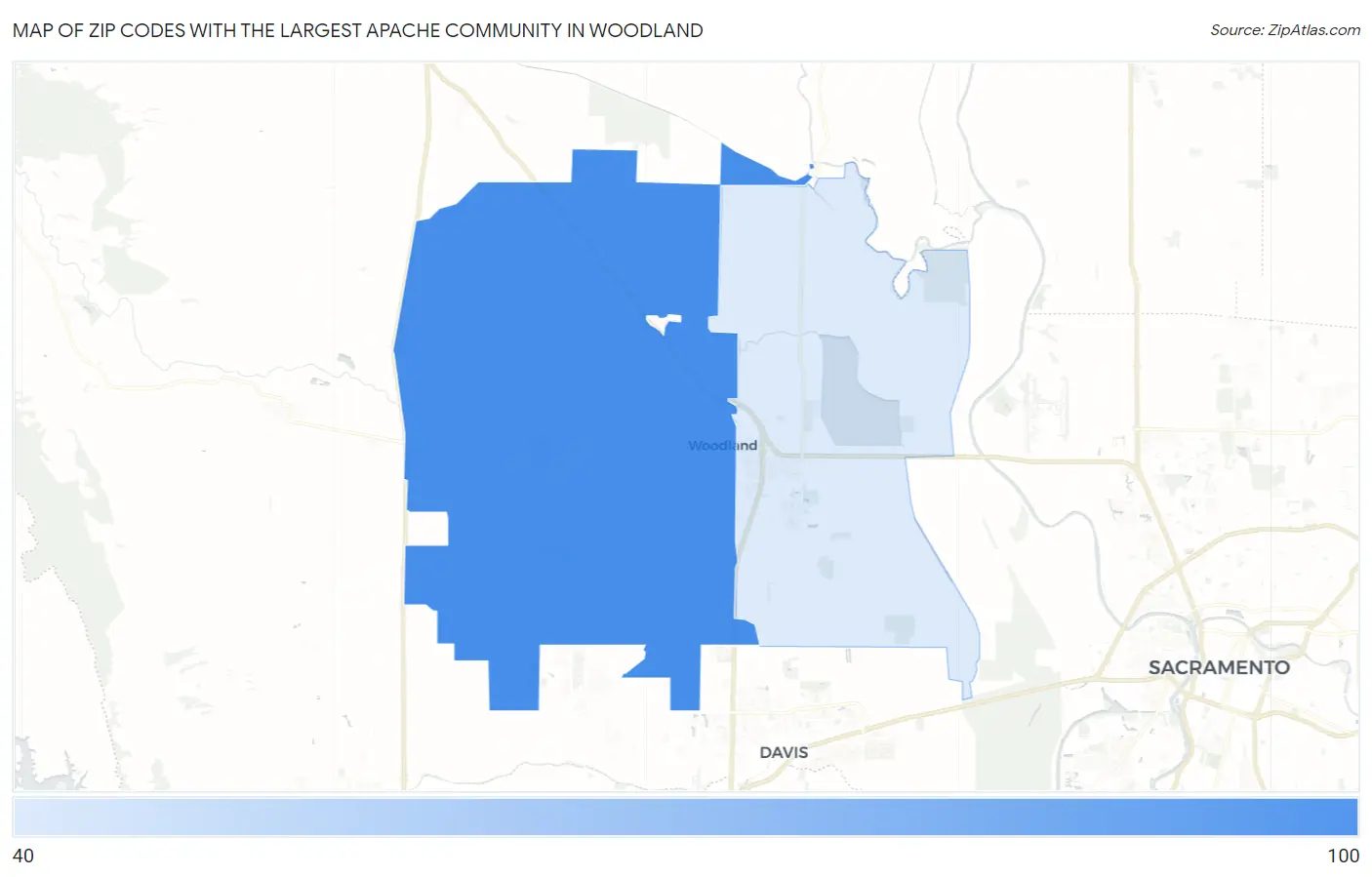 Zip Codes with the Largest Apache Community in Woodland Map