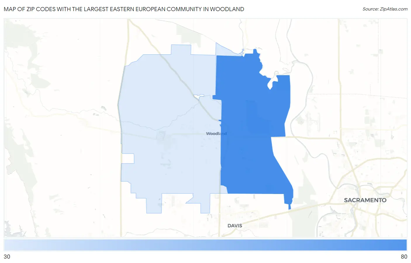 Zip Codes with the Largest Eastern European Community in Woodland Map