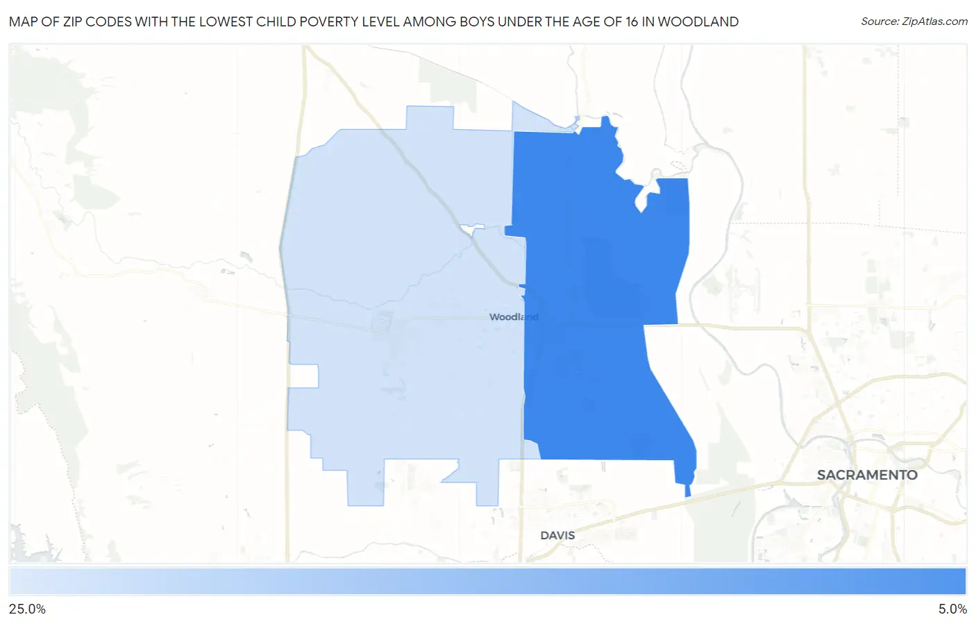 Zip Codes with the Lowest Child Poverty Level Among Boys Under the Age of 16 in Woodland Map
