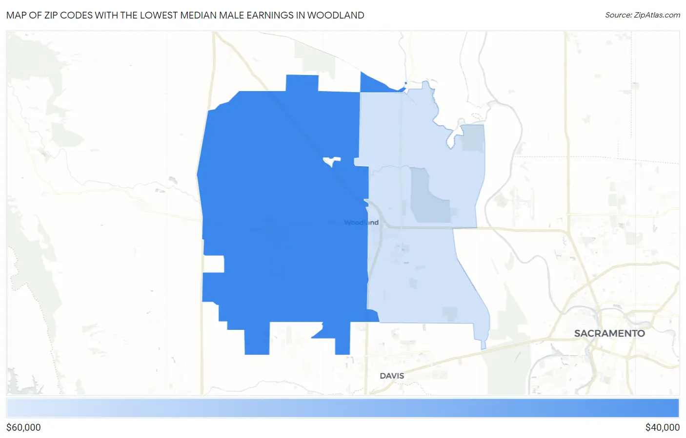 Zip Codes with the Lowest Median Male Earnings in Woodland Map