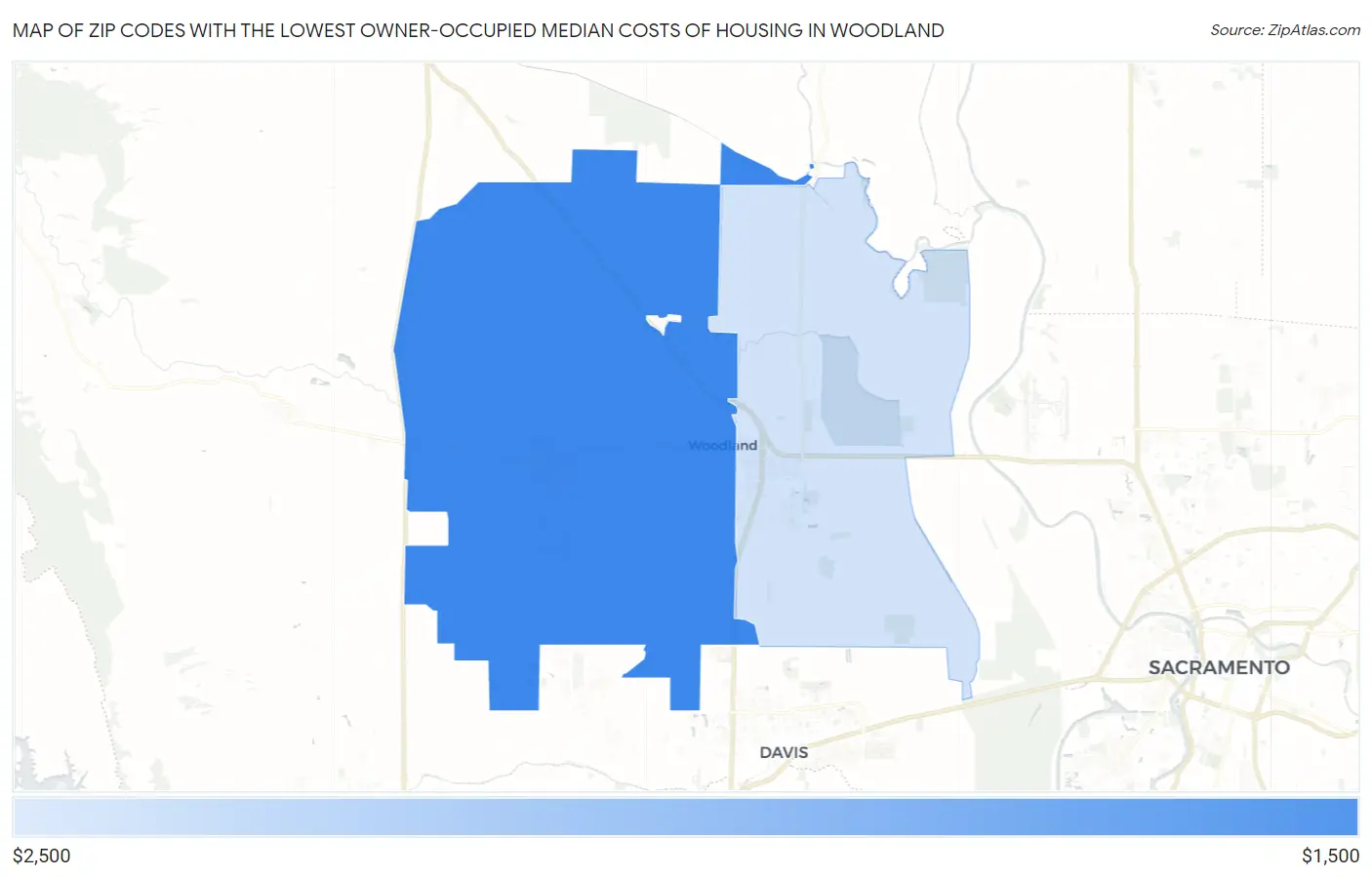 Zip Codes with the Lowest Owner-Occupied Median Costs of Housing in Woodland Map