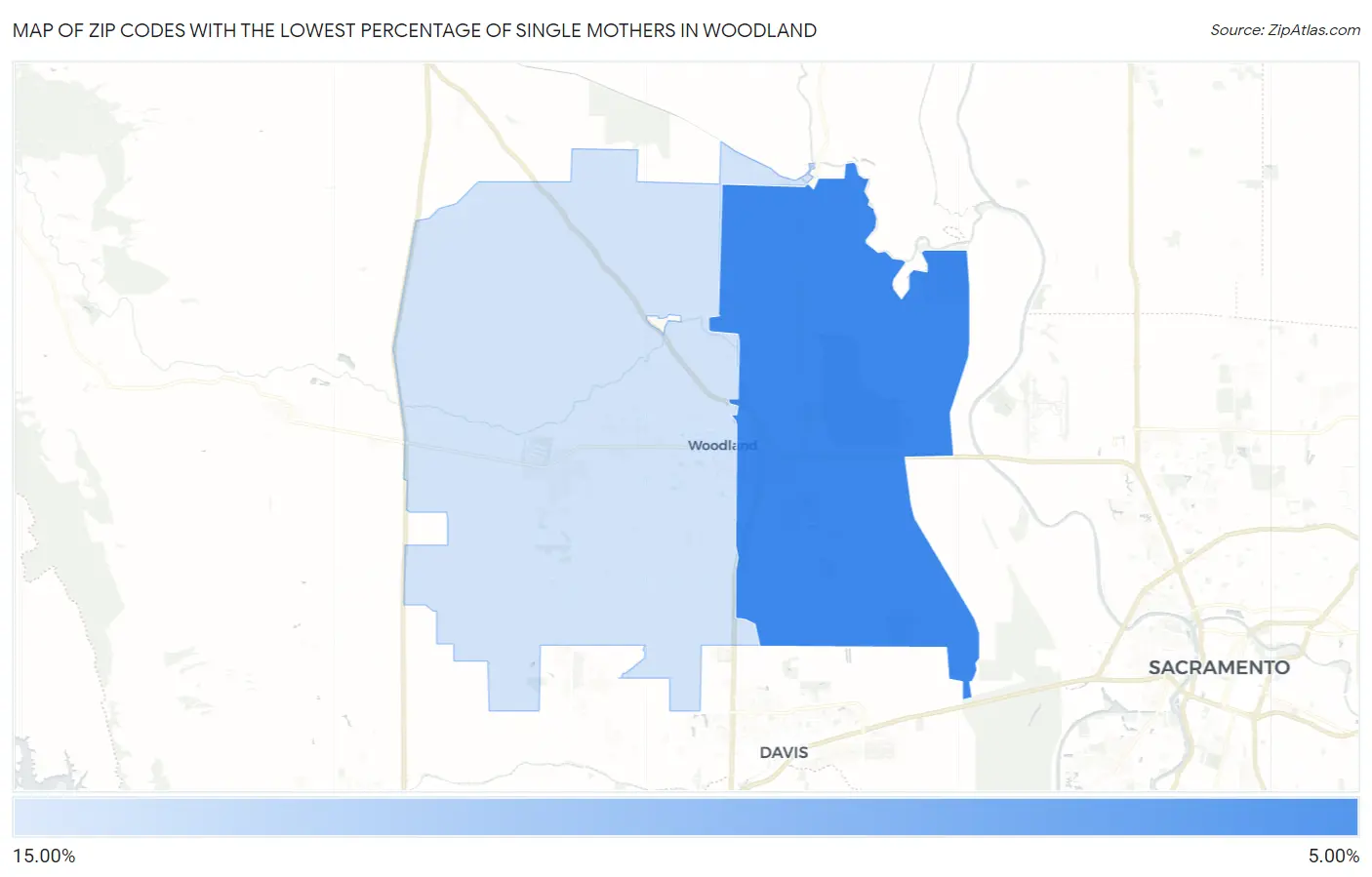 Zip Codes with the Lowest Percentage of Single Mothers in Woodland Map