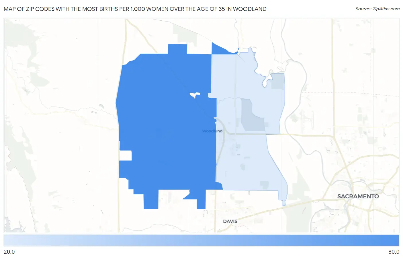 Zip Codes with the Most Births per 1,000 Women Over the Age of 35 in Woodland Map