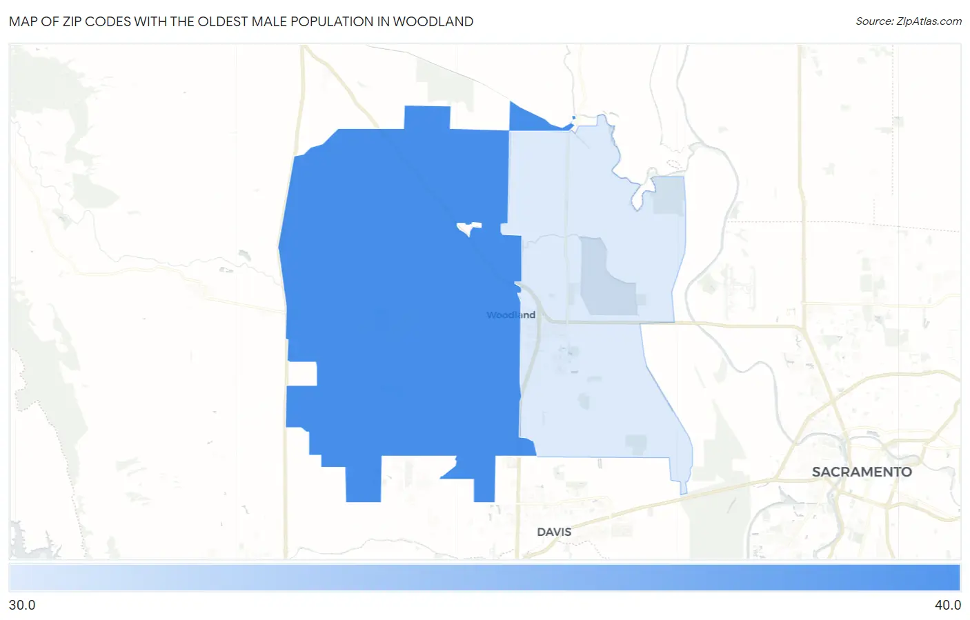 Zip Codes with the Oldest Male Population in Woodland Map