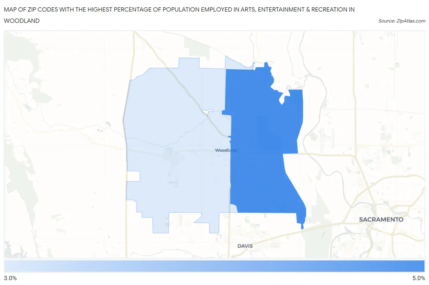 Zip Codes with the Highest Percentage of Population Employed in Arts, Entertainment & Recreation in Woodland Map