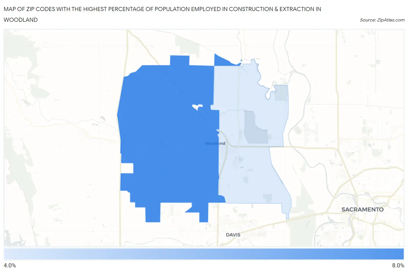 Zip Codes with the Highest Percentage of Population Employed in Construction & Extraction in Woodland Map