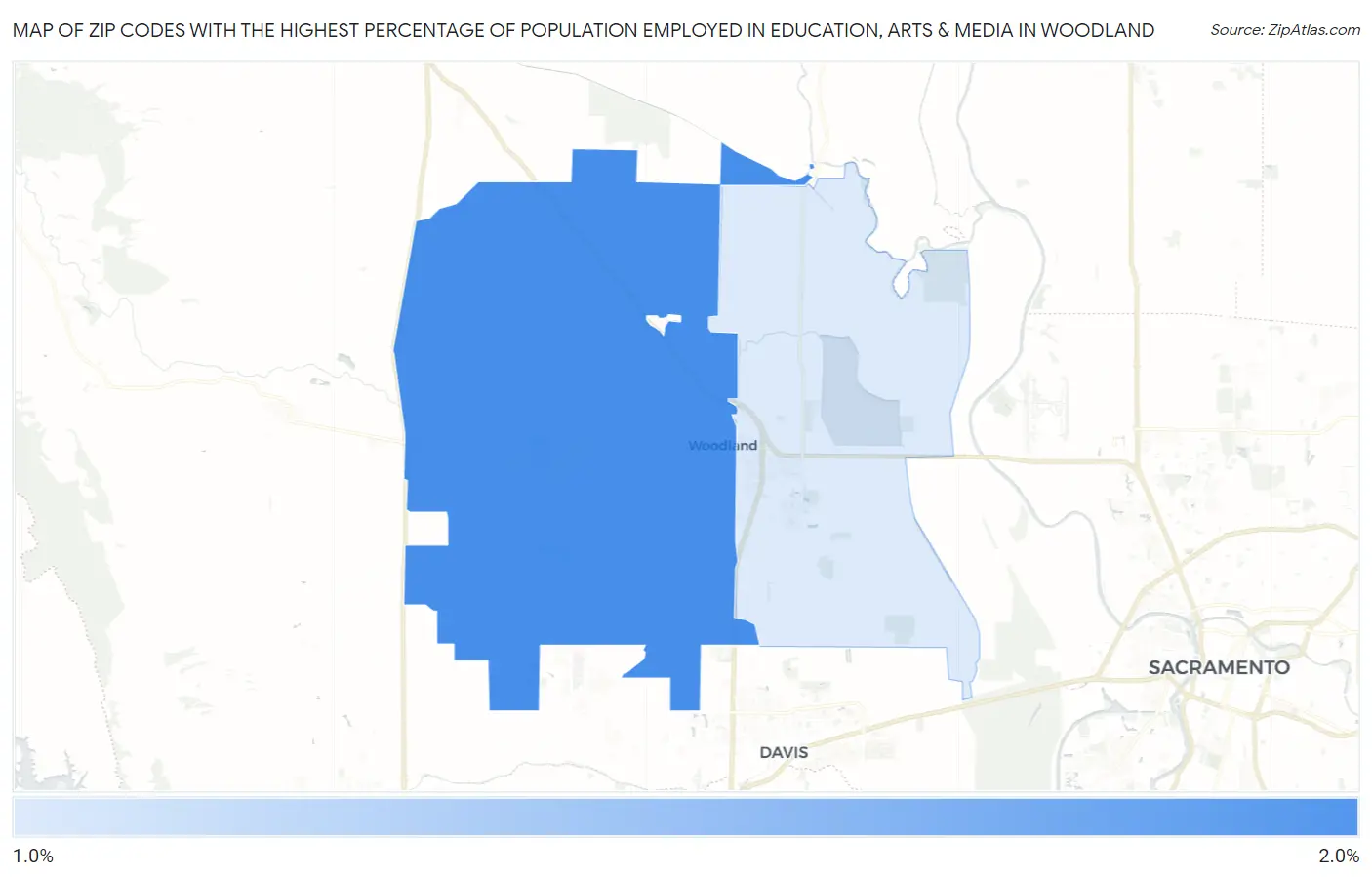 Zip Codes with the Highest Percentage of Population Employed in Education, Arts & Media in Woodland Map