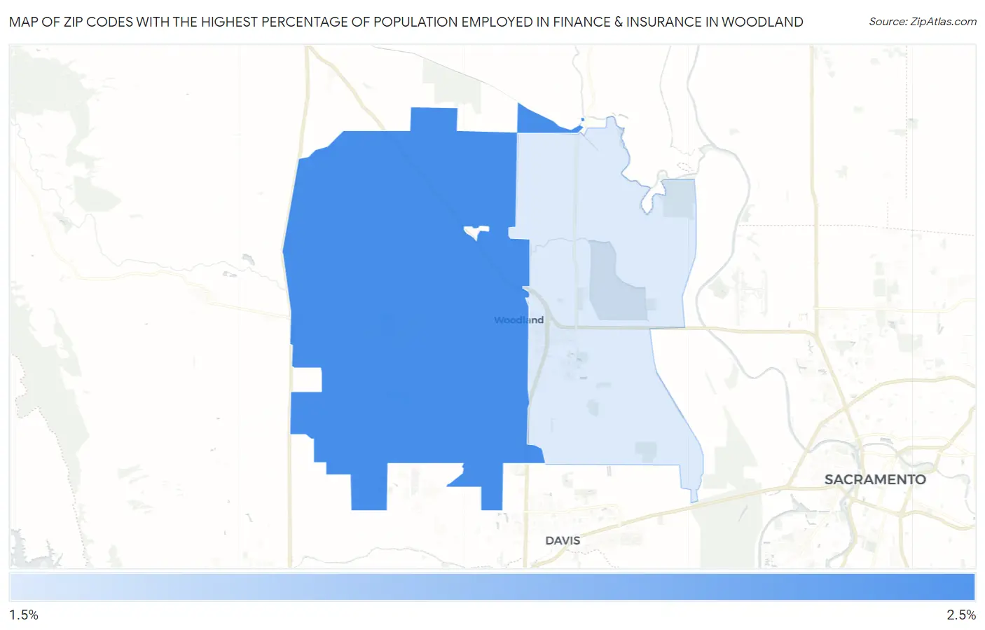 Zip Codes with the Highest Percentage of Population Employed in Finance & Insurance in Woodland Map