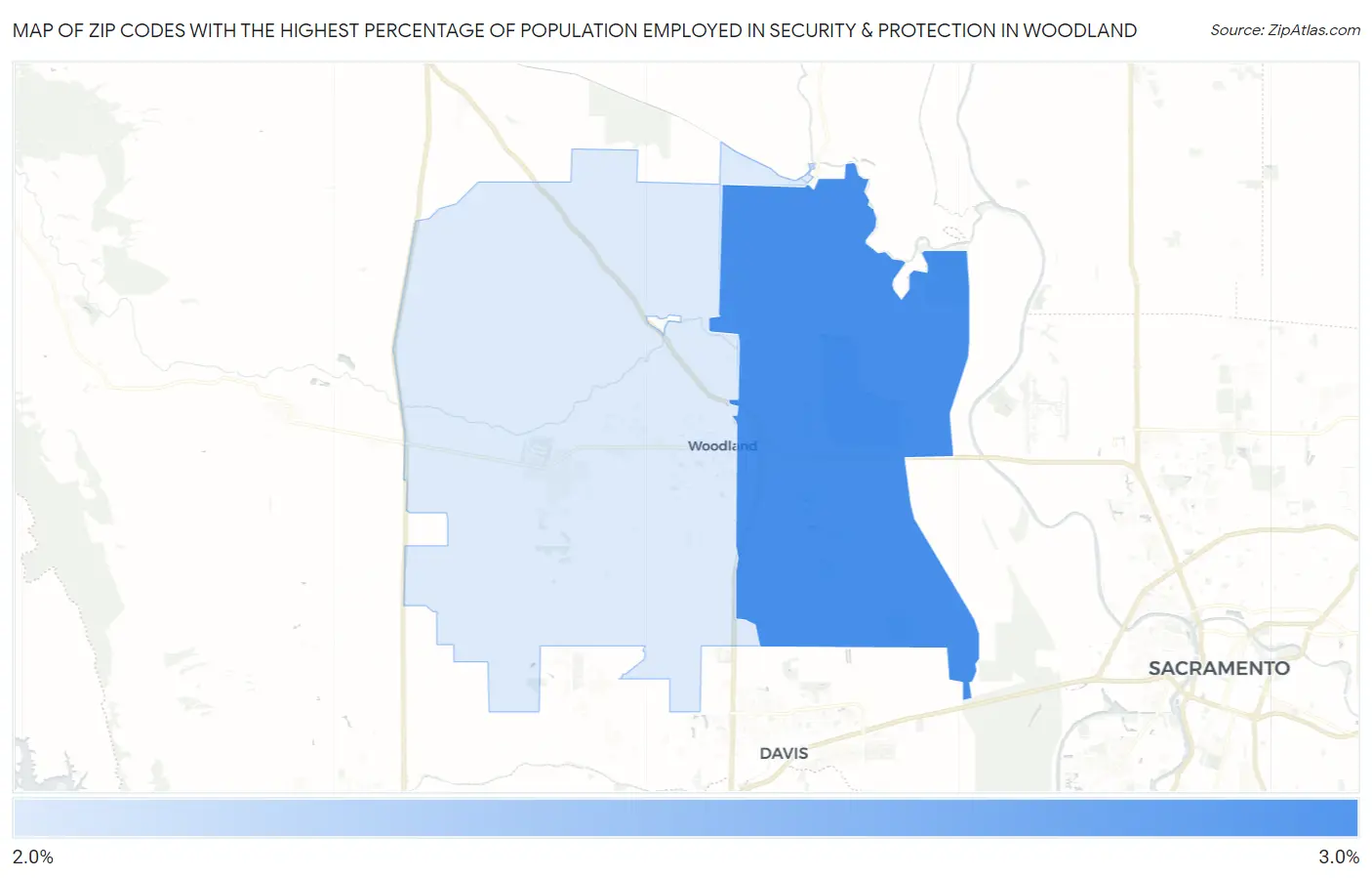 Zip Codes with the Highest Percentage of Population Employed in Security & Protection in Woodland Map