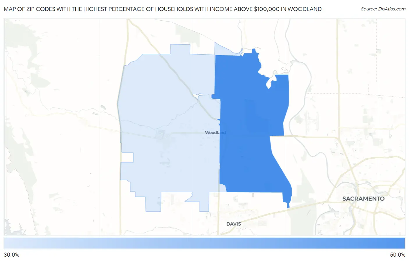 Zip Codes with the Highest Percentage of Households with Income Above $100,000 in Woodland Map
