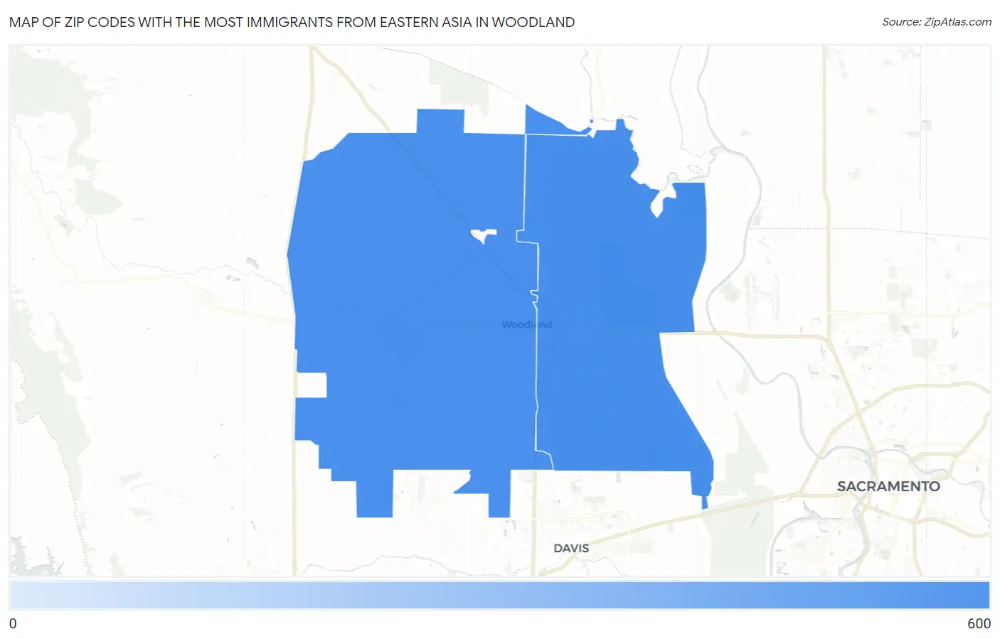 Zip Codes with the Most Immigrants from Eastern Asia in Woodland Map