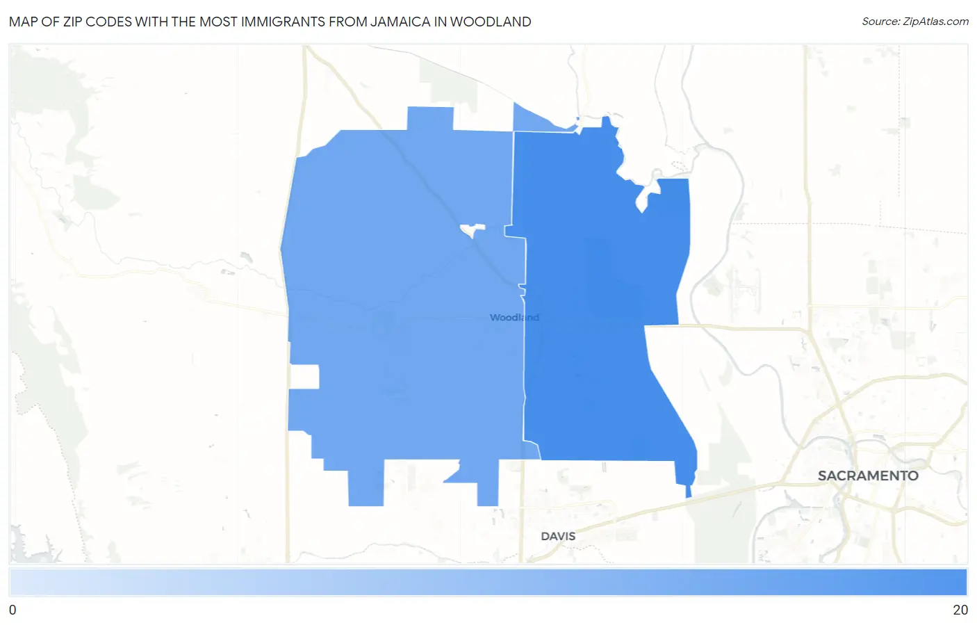 Zip Codes with the Most Immigrants from Jamaica in Woodland Map