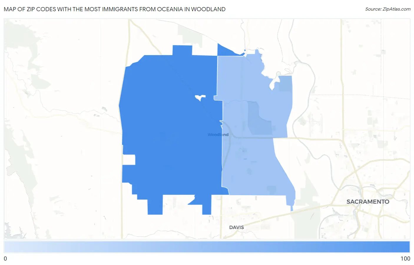Zip Codes with the Most Immigrants from Oceania in Woodland Map