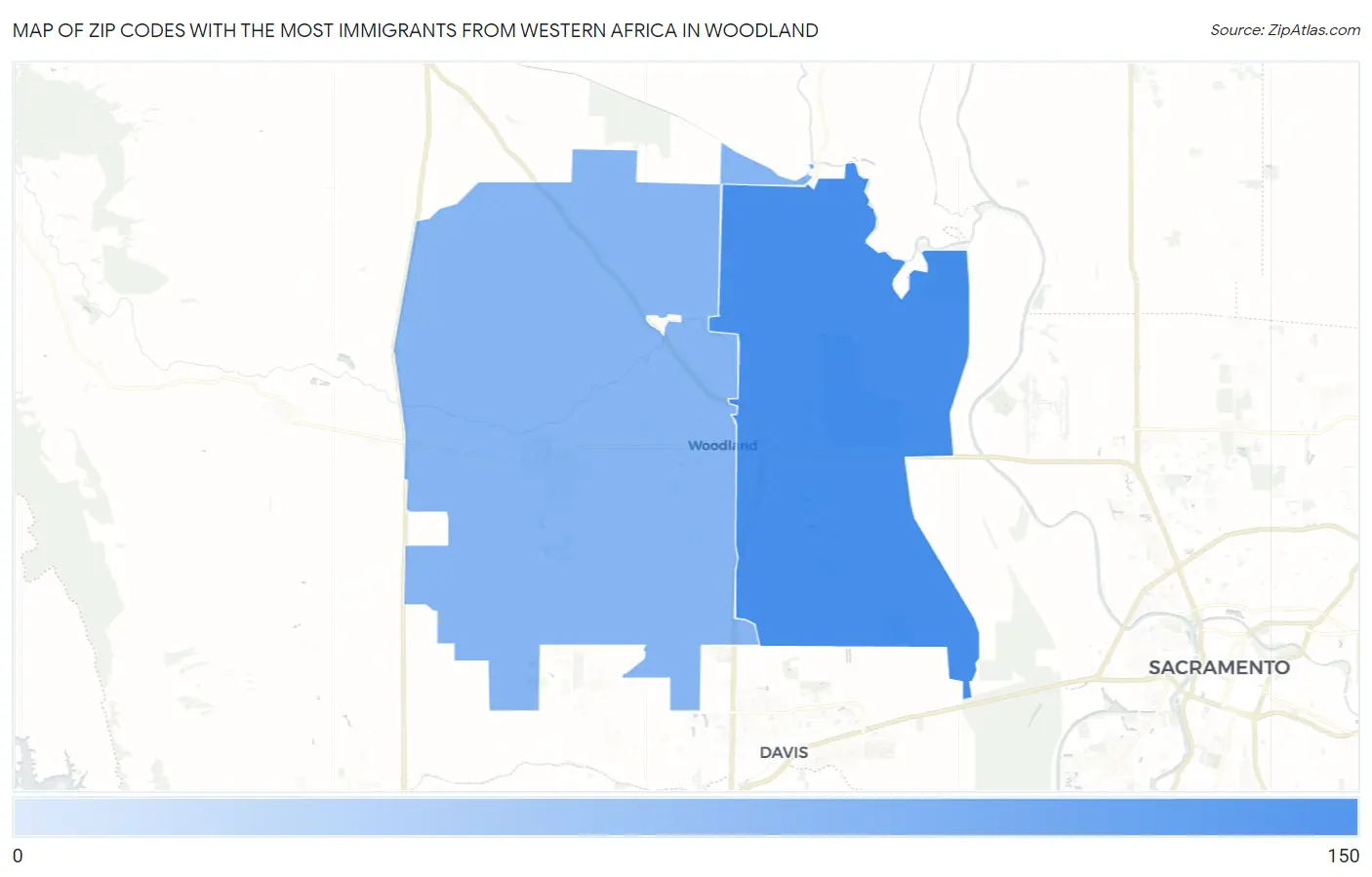 Zip Codes with the Most Immigrants from Western Africa in Woodland Map